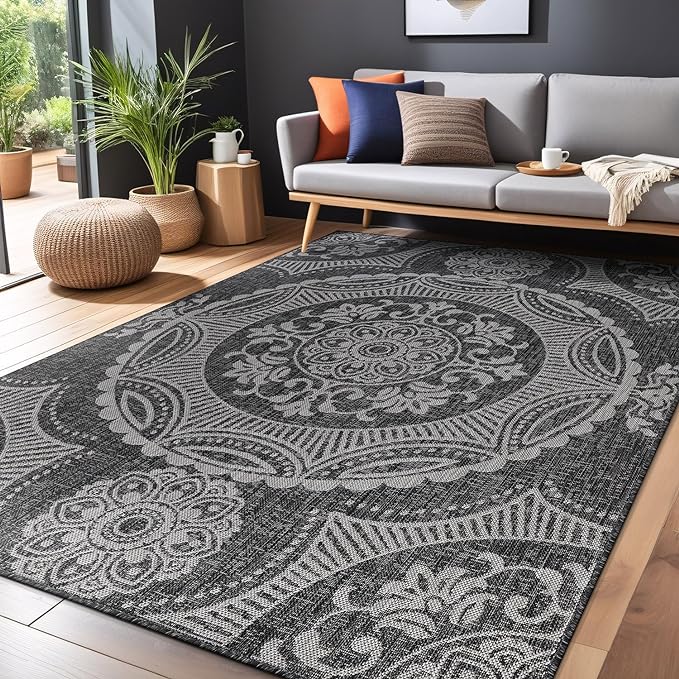 Medallion Outdoor Rug 10x14 Washable Outside Carpet for Indoor Patio Porch Waterproof Easy Cleaning Non Shedding Area Rugs Dark Gray 10 x 14-Ruum Studio Home