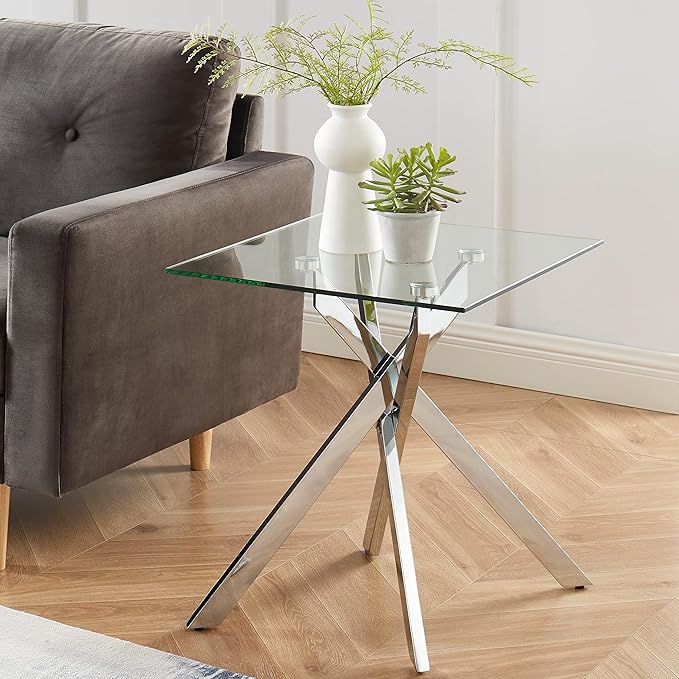 Modern Style Square Side Table with Tempered Glass Top and Metal Tubular Legs, Silver 20”Dx20”Wx22”H-Ruum Studio Home