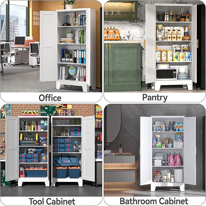 White Metal Kitchen Storage Cabinet, Kitchen Pantry Storage Cabinet with Doors and Shelves, Storage Cabinet with Adjustable Leveling Foot for Kitchen, Living Room and Dining Room. 61" H-Ruum Studio Home
