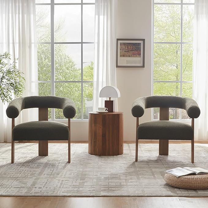 VKNOW Accent Chair Living Room Chair Set of 2, Modern Upholstered Armchair with Solid Wood Legs, Comfy Barrel Arm Chairs for Living Room Bedroom, Sage Green-Ruum Studio Home