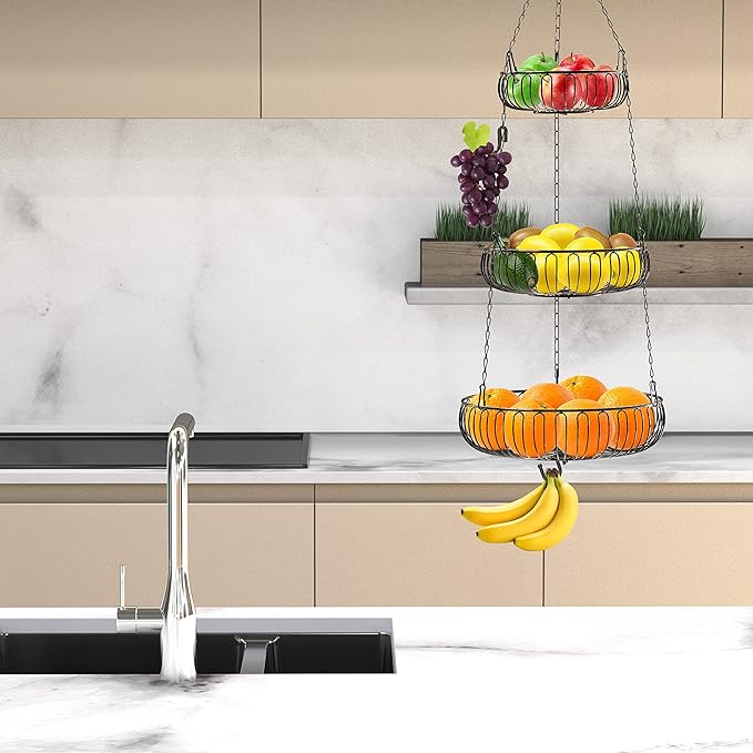 Simple Houseware Adjustable Metal Hanging Fruit Basket, Oblate, Black, 11" W x 11" L x 30" H-Ruum Studio Home