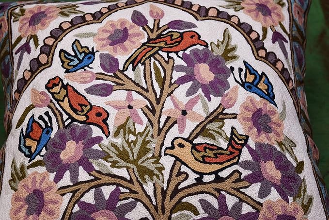 Tree of Life Pillow Cover Lavender Floral Pillowcase Botanical Flower Pillows Plants Farmhouse Traditional Chair Cushions Needlepoint Hand Embroidered Wool Size - 18x18-Ruum Studio Home