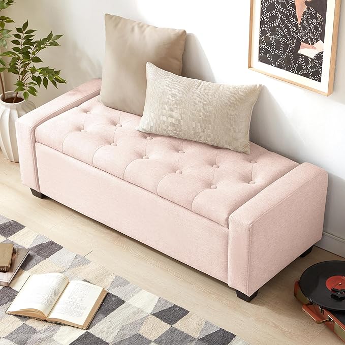 48" Ottoman with Storage, Pink Storage Ottoman Bench with Safety Hinge, Upholstered Entryway Bench with Seating for Bedroom, Living Room, Holds up to 330 lb-Ruum Studio Home
