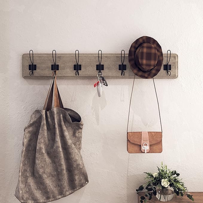 HBCY Creations Weathered Solid Wood Wall Mounted Coat Rack with Shelf, 7 Hooks, 34" Long - Kitchen, Mudroom, Entryway, Bathroom - Includes Mounting Hardware, Coat Hanger, Dog Leash Hooks, Towel Rack-Ruum Studio Home