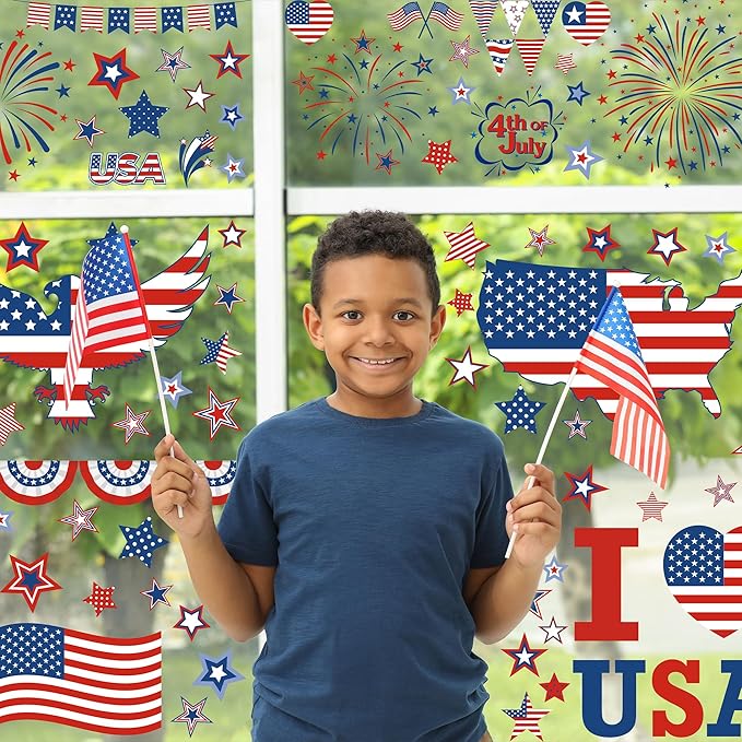 158 Pcs 4th of July Window Clings, 9 Sheets Patriotic Window Clings Decals, Watercolor Double-Sided American Flag Stars Firework Window Stickers for Independence Day Parade Veterans Memorial Day Decor-Ruum Studio Home