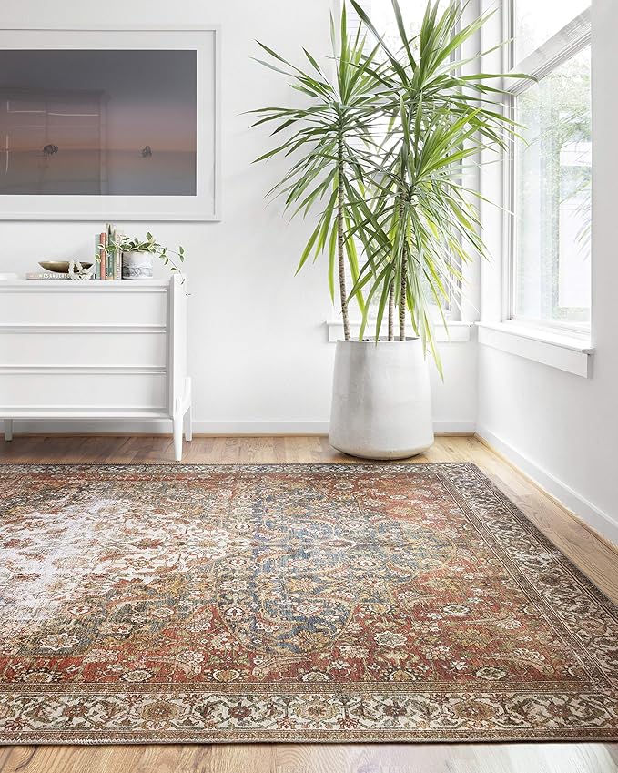Loloi Layla Collection LAY-05 Ocean/Multi 3'-6" x 5'-6" .13" Thick Accent Rug, Soft, Durable, Vintage Inspired, Distressed, Low Pile, Non-Shedding, Easy Clean, Printed, Living Room Rug-Ruum Studio Home