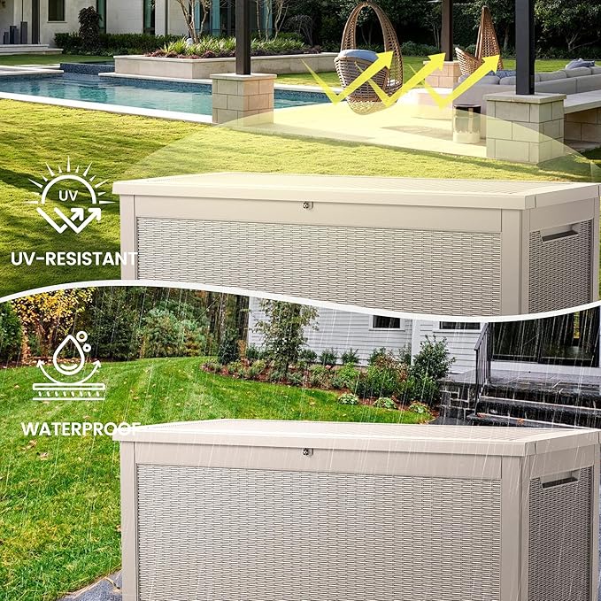 260 Gallon Storage Box, Waterproof Resin Deck Box with Steel Support & Hydraulic Rod, Lockable Storage Bench for Indoor & Outdoor Use, Storage Bin for Patio Cushions, Garden Tools, Grey-Ruum Studio Home