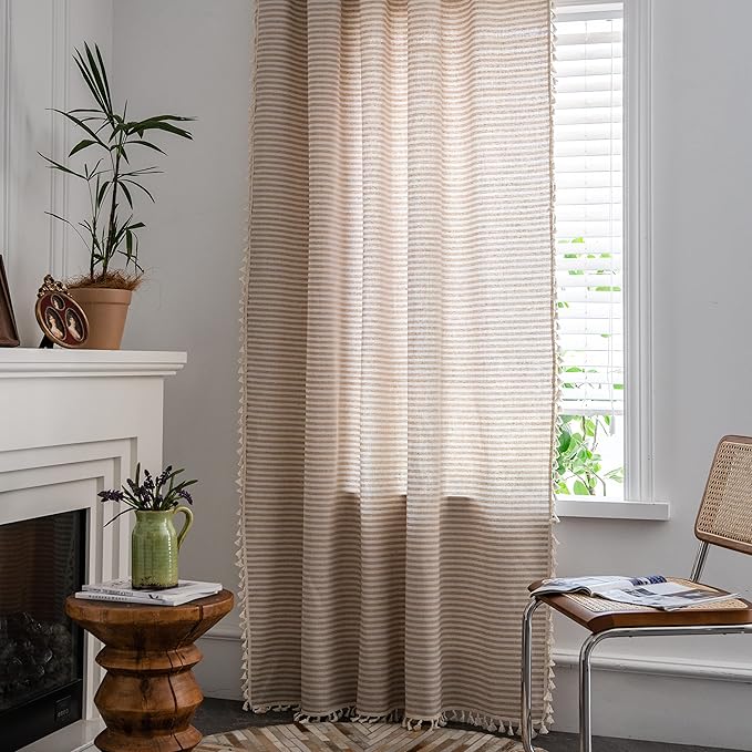 Sutuo Home Boho Curtain 84 Inches Length, Beige Stripes Print Curtain with Handmade Tassels, Rod Pocket Window Treatment Vintage Rustic Bohemian Farmhouse Drape for Bedroom 1 Panel 59" W x 84" L-Ruum Studio Home