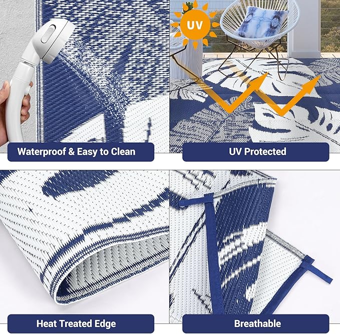GAOMON Large Outdoor Plastic Rug 10x14 Waterproof Straw Rug Reversible Foldable Camping Mat with Stakes & Bag, Modern Tropical Leaf Farmhouse Outside Carpet for Patio RV Garden Deck, Blue-Ruum Studio Home