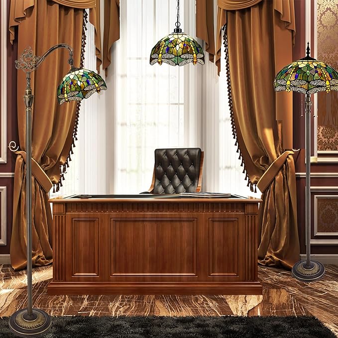Tiffany Floor Lamp Stained Glass Lamp Standing Reading Light 16x16x70 Inch for Living Room (Amber Yellow Dragonfly)-Ruum Studio Home