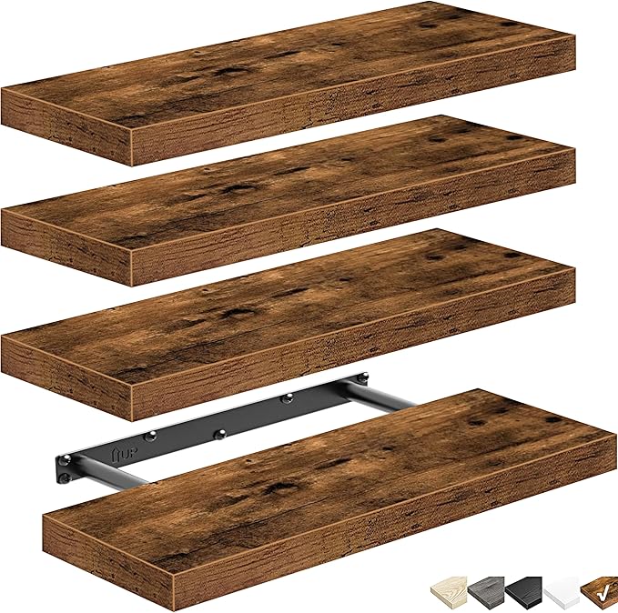 QEEIG Floating Shelves for Wall Bathroom Shelf Bedroom Kitchen Living Room Farmhouse Small Book Shelf 16 inch Set of 4, Brown (015-BN4)-Ruum Studio Home
