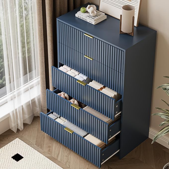5 Drawer Dresser for Bedroom, Tall Dresser Chest of Drawers with Gold Handles, 32 Inch Wide Nightstand with for Bedroom, Living Rooms, Offices, and Entryways, Navy Blue-Ruum Studio Home
