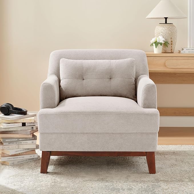 Modern Accent Chair with Terry Fabric, Upholstered Armchair with Spring Package Cushion & Solid Wood Frame, Comfy Lounge Chair for Living Room, Bedroom, or Reading Corner, Terry, Camel-Ruum Studio Home