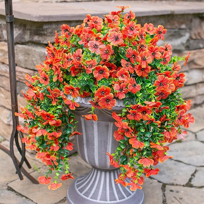 INSPRING Fall Fake Mums Artificial Flowers Hanging Decoration for Outdoors, 2Pcs Orange Daisy with Autumn Eucalyptus Leaves, Realistic Plants Decor, Silk Flower for Porch Patio Balcony Planter Yard-Ruum Studio Home