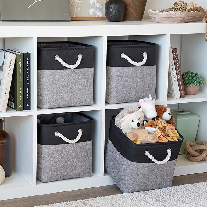 OrganiHaus 11x11 Cube Storage Bins 4 Pack, Foldable Cube Storage Organizer w/ Rope Handles, Collapsible Fabric Bins for Toys, Clothes & Closet Organization, Fabric Square Baskets - Gray/Black-Ruum Studio Home