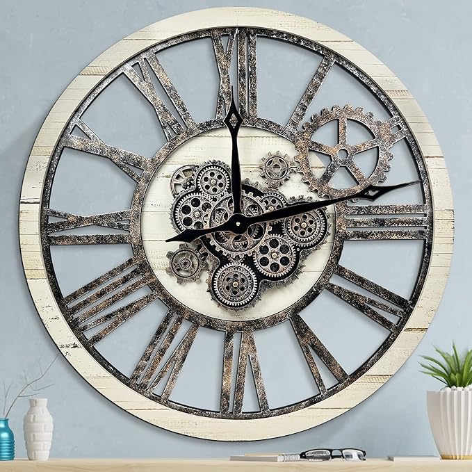 HOIBAI Large Wall Clock, Wall Clocks for Living Room Decor 30 Inch Farmhouse Vintage Rustic Kitchen Wall Decor Vintage Roman Oversized Wall Clock for Home Bedroom House, Moving Gears Clock-Ruum Studio Home