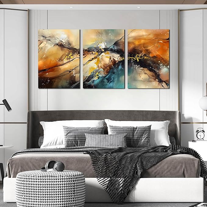 Abstract Living Room Pictures Wall Decor - Modern Bedroom Wall Decor Above Bed - Large 3 Piece Canvas Wall Art for Office Size 24" x 36"-Ruum Studio Home