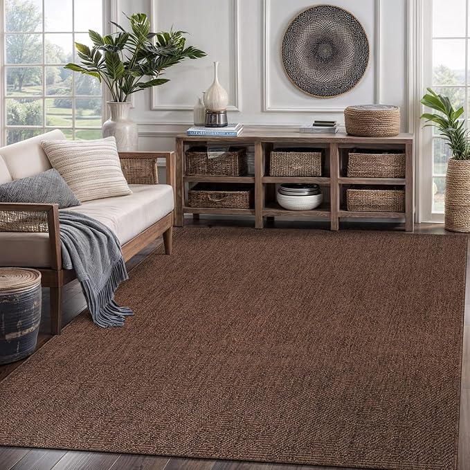 CAMILSON Easy Jute Rug 5x7, Indoor Outdoor Brown Color Fiber Area Rugs for Living Room Patio and Kitchen Rug, Solid Boho Woven Design, Easy-Cleaning, Washable Outside Carpet Alfombras (5 x 7)-Ruum Studio Home