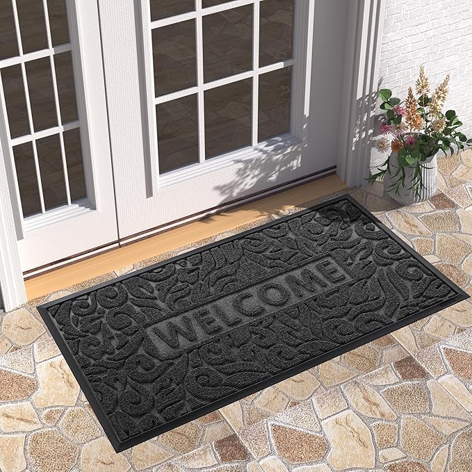 Yimobra Welcome Front Door Mat Outdoor, Heavy Duty Sturdy Non Slip Doormats, Rubber Backing, Low-Profile Entrance Rugs, Absorbent Resist Dirt, Easy Clean Patio Garage Floor Mats, 47X24 Inch, Black-Ruum Studio Home