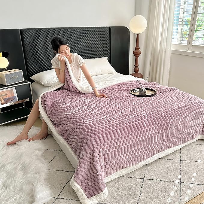 UKELER Sherpa Bed Blanket 80 × 90 inch, Ultra Soft Queen Size Throw Blankets for All Season, 470 GSM Cozy Plush Striped Fleece Blanket for Bedroom Living Room Dorm Hostel Sofa Camping, Purple-Ruum Studio Home