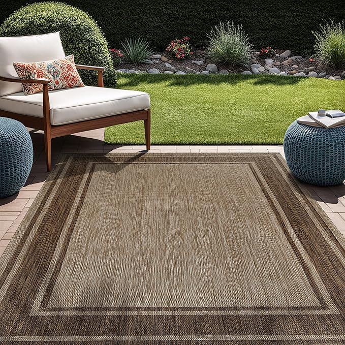 Beverly Rug Outdoor Rug 8x10 Modern Bordered Area Rugs for Indoor and Outdoor Patio Deck Porch Garden Waterproof Weather Sun Resistant Washable Outside Carpet (8 x 10 Jute)-Ruum Studio Home