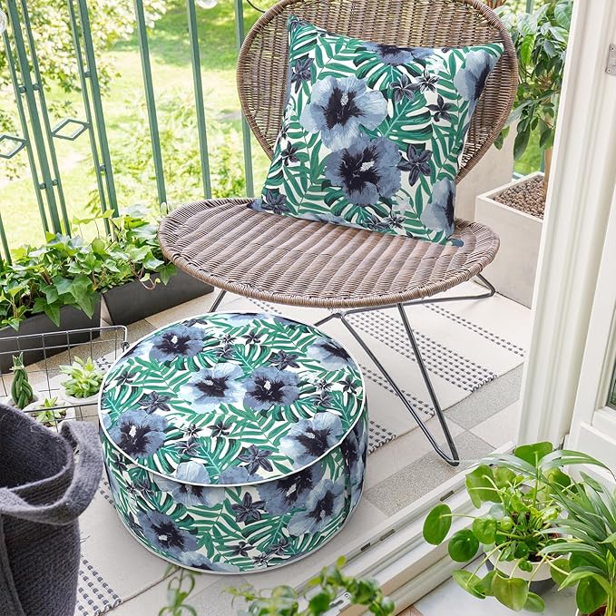 Inflatable Ottoman Stool D21 xH9 for Outdoor/Indoor Use, Water Repellent Patio Foot Rest with Portable Handle,Round Pouf Ottoman Suitable for Garden,Deck and Camping - Blue Salmone Tropical-Ruum Studio Home