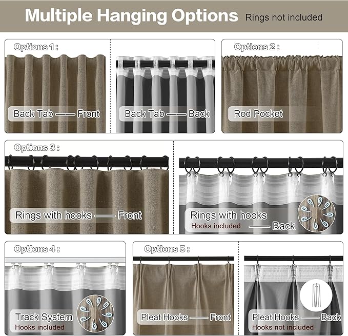 RAIN CITY Linen Brown Extra Long Blackout Curtains 120 Inch Long 10ft, Back Tab Pleated Look Linen Blended Textured Curtains with Hooks for Living Room Track System(W50xL120 in Length,Linen)-Ruum Studio Home