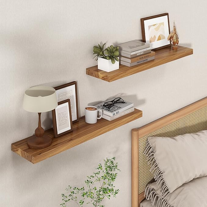 Axeman Floating Shelves for Wall - 32''W x 8'' D Rustic Solid Elm Wood Shelves for Storage, Wall Mounted Display Shelving with Invisible Heavy-Duty Metal Bracket (Natural, 2PCs)-Ruum Studio Home