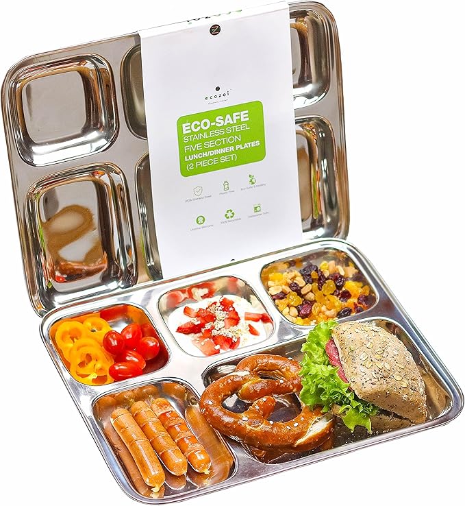 Extra Large Premium Stainless Steel Dinner Plates, 5 Compartments, Set of 2 | Eco Friendly Dinnerwear for Camping, Portion Control, Meal Prep, Lunch, and Party-Ruum Studio Home