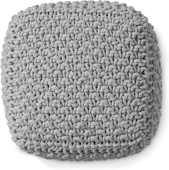 Casafield Square Pouf Ottoman, Light Gray 18.5" W x 18.5" D x 14.5" H Cotton Knit Foot Stool - Boho Floor Pouffe for Living Room, Bedroom, Home Office-Ruum Studio Home