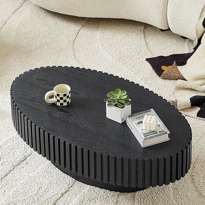 Oval Coffee Table for Living Room, Modern Fluted Coffee Tables with Pedestal Base, Handcrafted Centre Tea Tables Easy Assembly-43.7" Black-Ruum Studio Home
