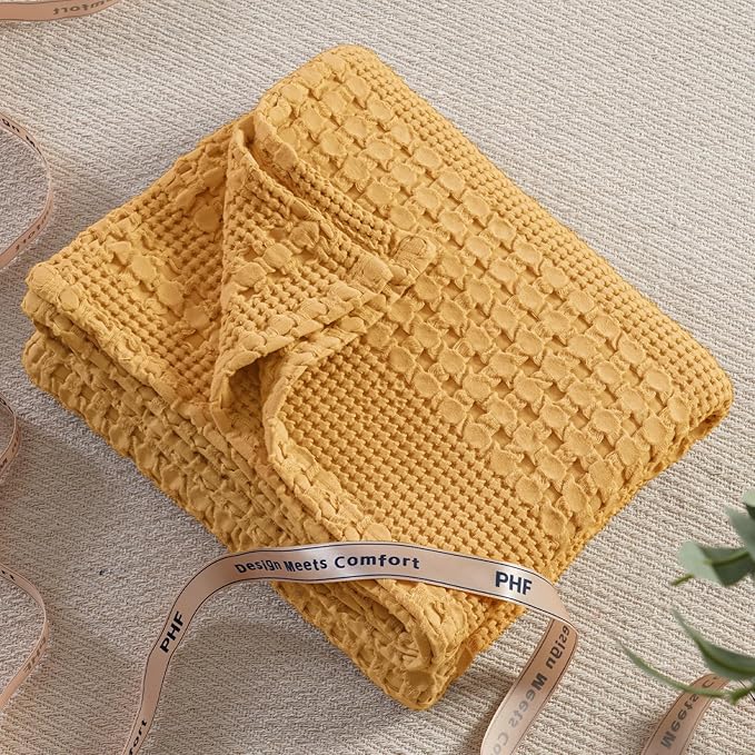 PHF 100% Cotton Waffle Weave Throw Blanket, Soft Lightweight Breathable Cozy Summer Throws for Couch Bed Sofa, Luxury Aesthetic Woven Blanket for Home Decor & Office, 50"x60", Ginger/Honey Yellow-Ruum Studio Home