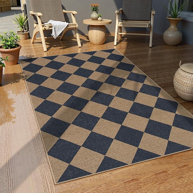 Lahome Checkered Easy Jute Entryway Rug, 3x5 Washable Area Rugs for Living Room Outdoor Patio, Non Slip Blue Indoor Door Mat Checkerboard Throw Carpet for Entry Front Door Guestroom Deck-Ruum Studio Home
