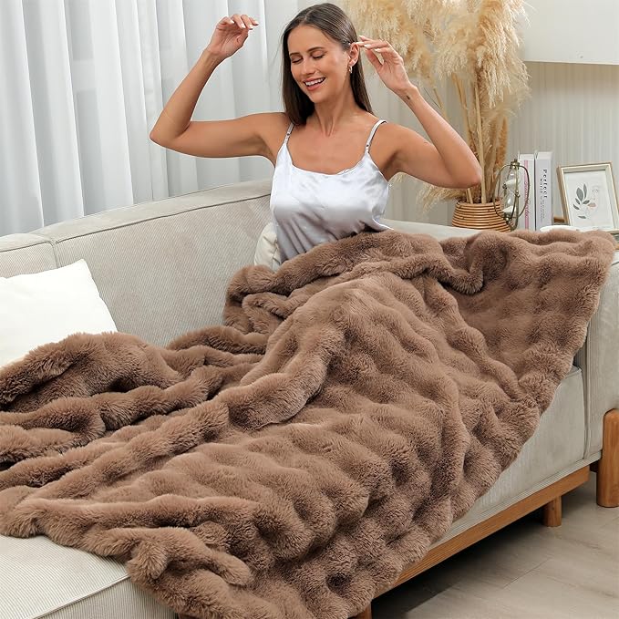 RYNGHIPY Faux Rabbit Fur Throw Blanket Ruched Plush Fuzzy Blanket for Couch Bed Sofa Heavy Warm Comfy Throws for Living Room Bedroom Machine Washable (Solid Brown, 63''x79'')-Ruum Studio Home