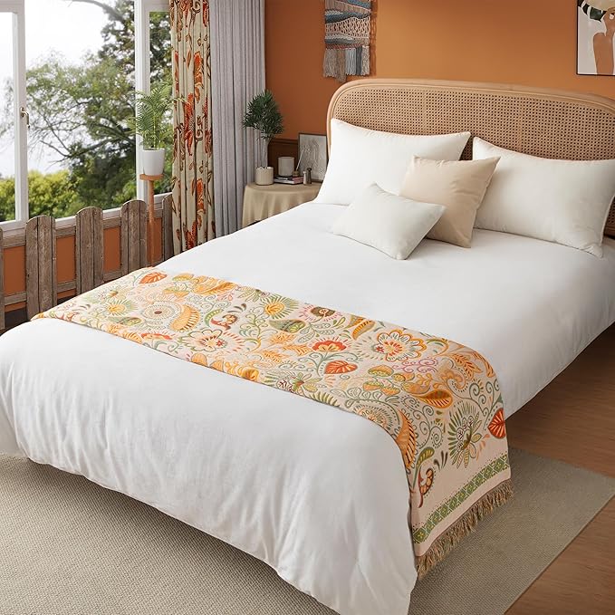 Boho Throw Blanket Queen Size, Oversized Soft Cozy Cotton Muslin Quilt Blanket for Bed Decor, Floral Patterned Couch Sofa Chair Cover, Vintage Farmhouse Cottage Woven Blanket, Coral&Green-Ruum Studio Home