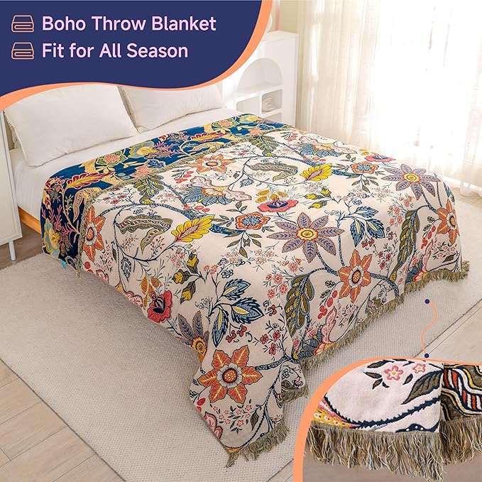 Boho Cotton Throw Blanket - Ultra-Soft Rustic Quilt for Bed, Home Decor & Travel - Large 90"x98" Muslin Blanket - All-Season Lightweight Bedspread & Throw for Women & Moms-Ruum Studio Home