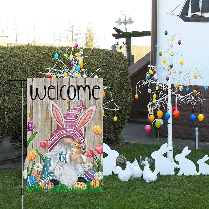 Welcome Easter Gnome Garden Flag 12x18 Double Sided Burlap, Funny Bunny Floral Small Yard Flag Banner for Holiday Farmhouse Outdoor Decor (ONLY FLAG)-Ruum Studio Home