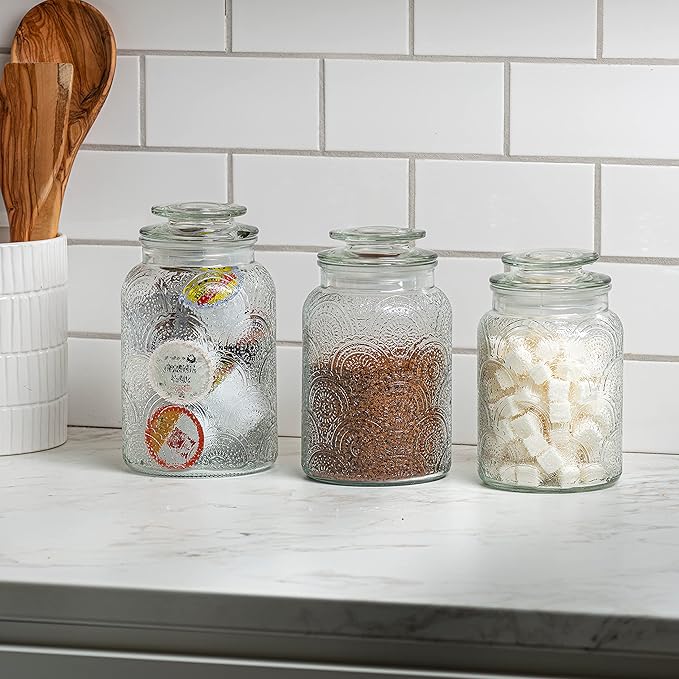 Le'raze Food Storage Containers with Airtight Lids - Retro Design - Pantry Organization, Glass Canisters Storage for Cookies, Tea, Sugar, Candy Jars, Sugar Packet, Set of 3-Ruum Studio Home
