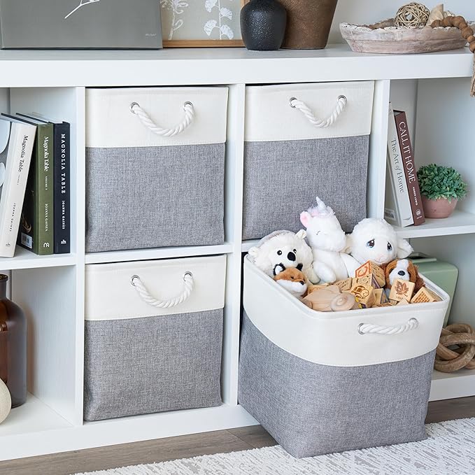 OrganiHaus 13x13 Cube Storage Bins 4 Pack, Foldable Cube Storage Organizer w/ Rope Handles, Collapsible Fabric Bins for Toys, Clothes & Closet Organization, Fabric Square Baskets - Gray/White-Ruum Studio Home