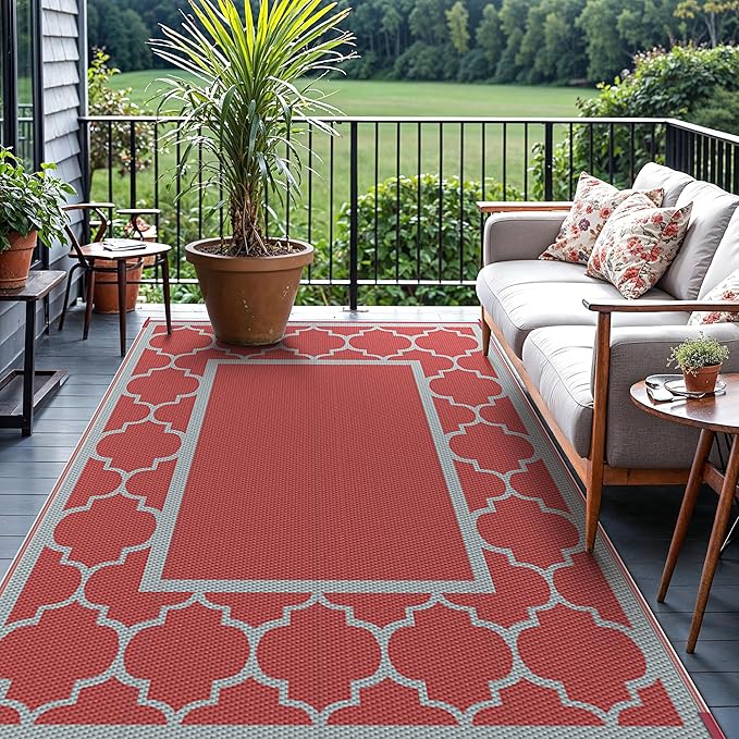 GENIMO 6' x 9' Outdoor Rug Waterproof for Patio Decor, Foldable Reversible Plastic Straw Area Rugs Mat for Camper, Outside Carpet for Rv, Deck, Porch, Picnic, Beach, Balcony, Red & Grey-Ruum Studio Home