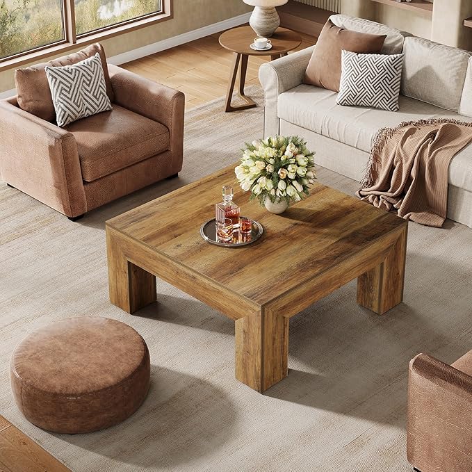 Tribesigns 39.4-Inch Square Coffee Table for Living Room, Farmhouse All MDF Accent Center Cocktail Table with Sturdy Wooden Legs, Easy Assembly, Rustic Brown-Ruum Studio Home