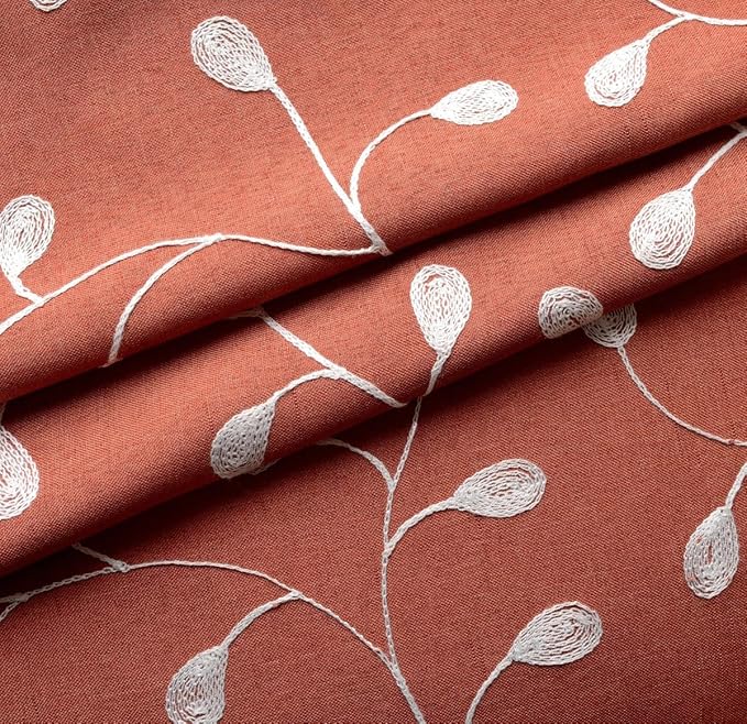 MIUCO Floral Embroidered Semi Sheer Curtains Faux Linen Grommet Window Curtains for Girls Room 52 x 63 Inch 2 Panels, Rust-Ruum Studio Home