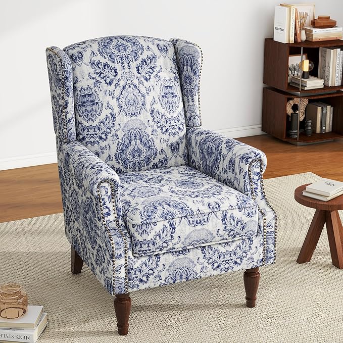 UIXE Floral Accent Chair, High Back Pattern Arm Chair for Living Room, Traditional Fabric Armchair Comfy Upholstered Sofa Reading Seat with Nailhead Trim & Retro Wood Legs - Navy-Ruum Studio Home