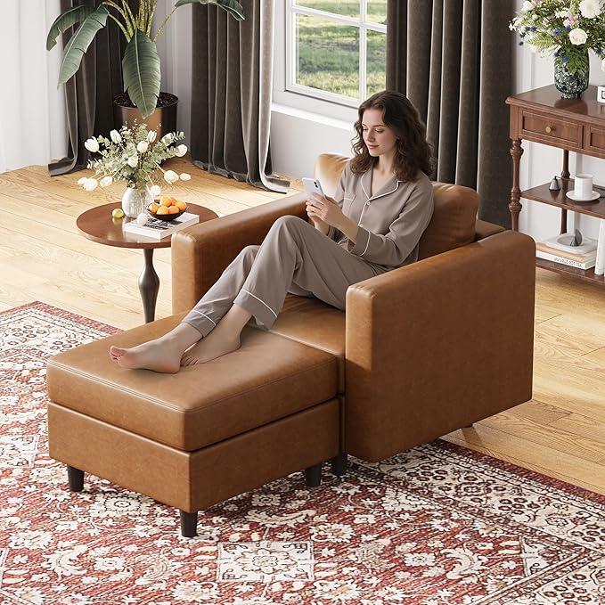 Faux Leather Single Sofa with Storage Ottoman, Modern Accent Chair Deep Seat Large Reading Armchair, Chaise Lounge Chair for Living Room Bedroom Office Brown-Ruum Studio Home
