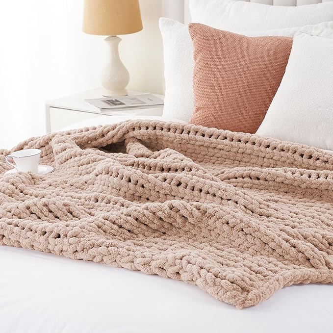 Battilo Chunky Knit Throw Blanket, Soft and Thick Chenille Throw Blanket, 50"x60" Handmade Cable Knit Crochet Blanket, Large Rope Knot Throw Blankets for Couch Sofa Bed Home Decor, Pink-Ruum Studio Home