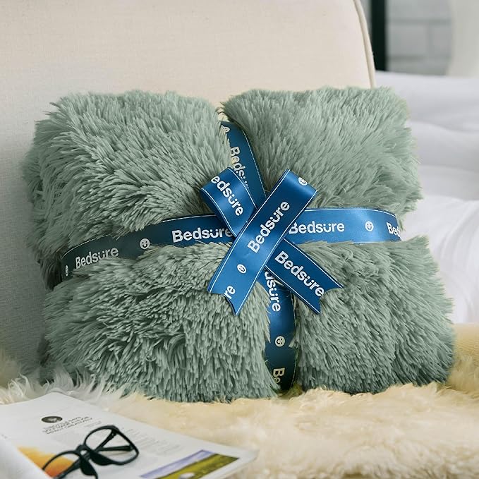 Bedsure GentleSoft Fuzzy Sherpa Faux Fur Twin Blanket Sage Green Cozy Gifts for Women Men, Soft Fleece Plush Warm Minky Thick Blanket Twin Size for Bed, Dorm Essentials Sage Room Decor Gifts, 60x80-Ruum Studio Home