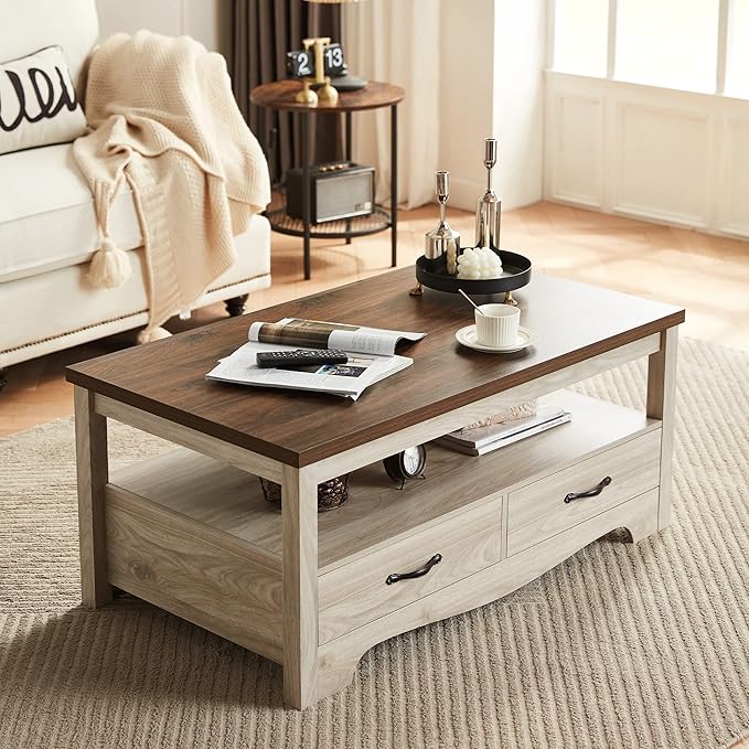 LINSY HOME Farmhouse Coffee Table with Storage, Wood Coffee Table for Living Room, Open Display Area and Storage Drawers with Metal Handles, Chic Style with Curved Base. Oak and Brown-Ruum Studio Home