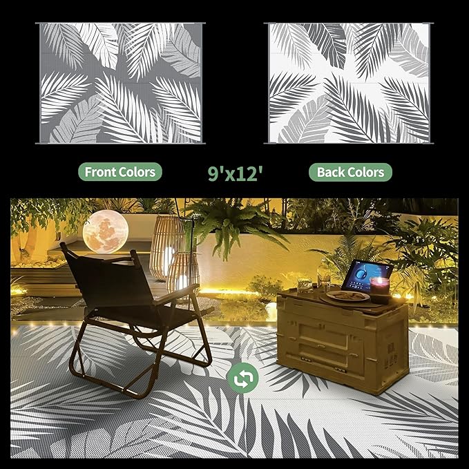 GENIMO Outdoor Rug 9' x 12' Waterproof for Patios Clearance, Reversible Outdoor Plastic Straw Camping Rug Carpet with LED String Light, Area Rugs Mats for RV, Camper, Deck, Balcony, Porch, Grey&White-Ruum Studio Home