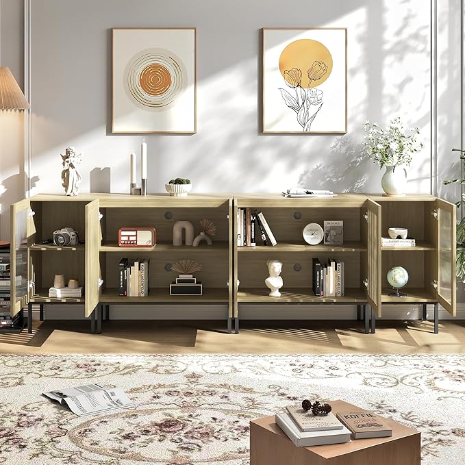 Farmhouse TV Stand for TVs up to 100 Inch, Entertainment Center TV Console with Storage Cabinets and Glass Doors,Media Console for Living Room,Oak-Ruum Studio Home
