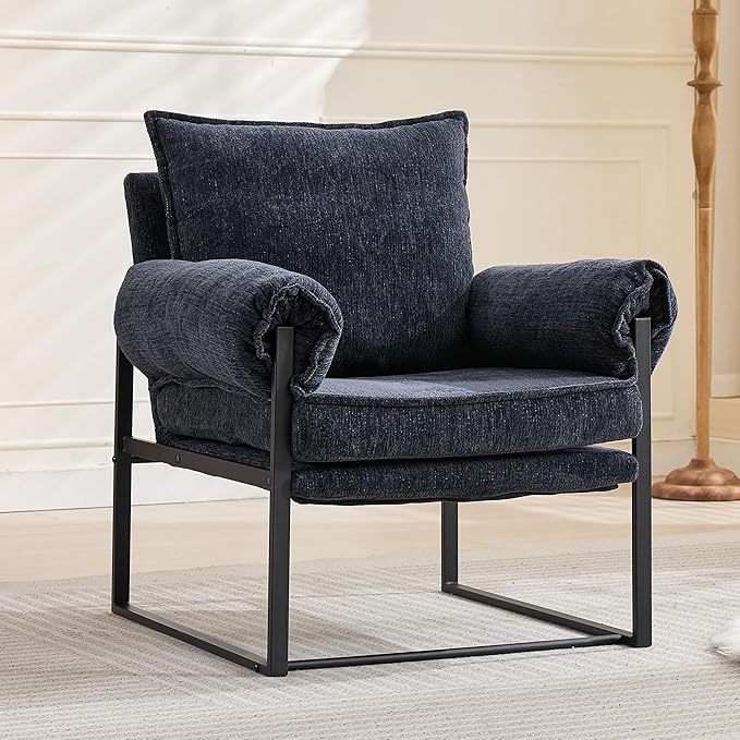 YISHENG Accent Chair with 6-Angle Adjustable Backrest, Chenille Fabric Living Room Chair Upholstered Lounge Chair, Modern Chair Cozy Reclining Chair for Reading Room, 1PC Dark Blue-Ruum Studio Home